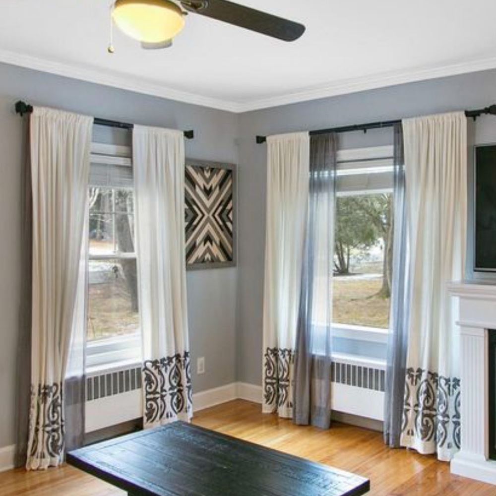 Threshold Curtains- Cream/ Offwhite with Grey embroidery Scroll Design 84.”